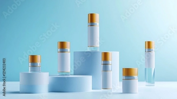 Fototapeta Mockup of aluminum and plastic cosmetic tubes with blank labels, ready for branding or customization, placed on a clean, minimal background.