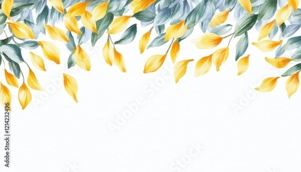 Fototapeta Vibrant watercolor illustration of yellow leaves cascading from above against a clean white background