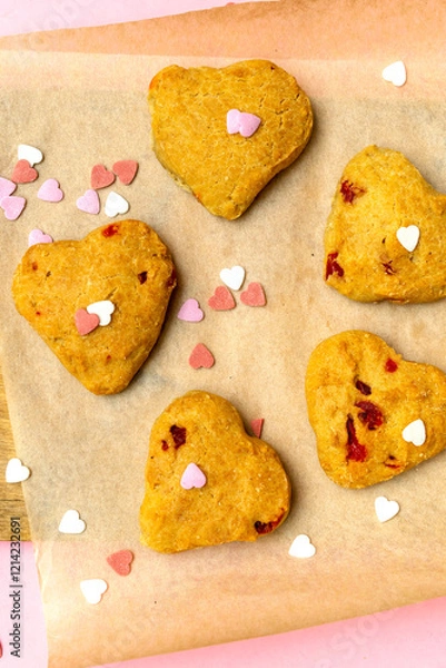 Fototapeta Heart shaped cookies with sweet confetti,sprinkles, pastry bakery food.pink background for Valentines day, womens day, love, romance, party pattern.