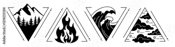 Obraz Four elements symbol set. Boho style signs with natural elements. Graphic vector illustration. Sacred symbols of being.