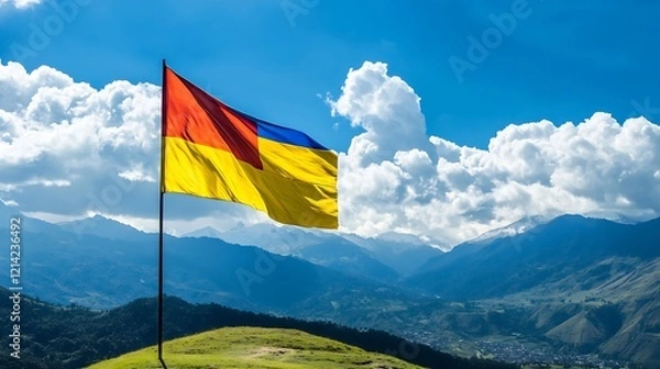 Fototapeta Colorful Flag on Mountain Summit with Bright Clouds and Blue Sky : Generative AI