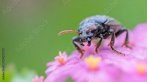 Fototapeta Macro Image of Black Beetle on Vibrant Pink Flower in Natural Setting : Generative AI