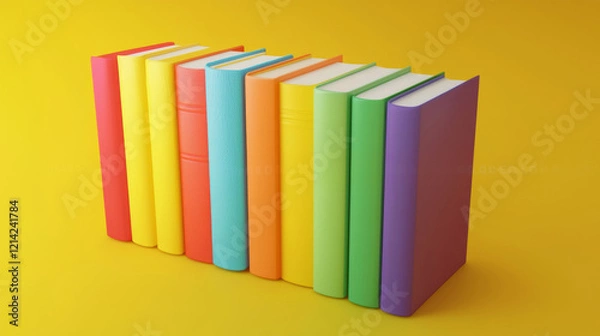 Fototapeta Colorful books stacked in a row on a yellow background