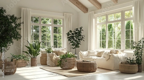 Fototapeta A summer-themed living room with light, airy decor, fresh plants, and large windows bringing in natural light.