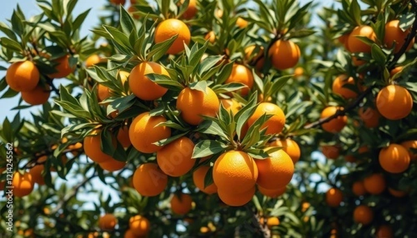 Fototapeta Ripe Oranges Growing On A Lush Green Tree