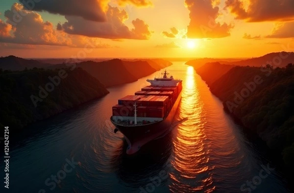 Obraz Panama Canal sunset view: huge container ship enters lock surrounded by bright lights and reflections in water, close up