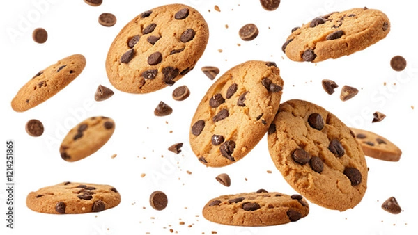 Fototapeta Falling chocolate chip cookies isolated on transparent or white background, featuring realistic texture and crumbs for snack-themed designs.