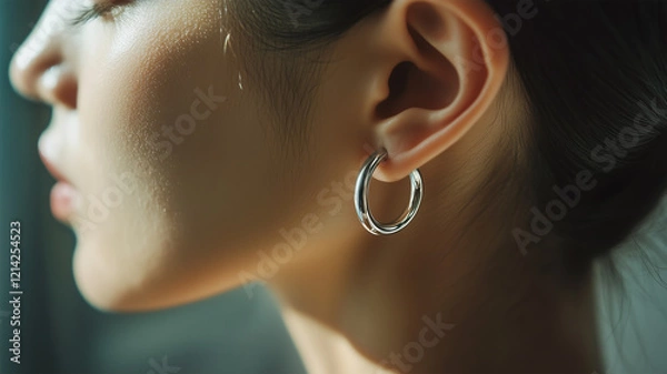 Fototapeta シンプルなシルバーのピアスを着けた日本人女性の耳元クローズアップ