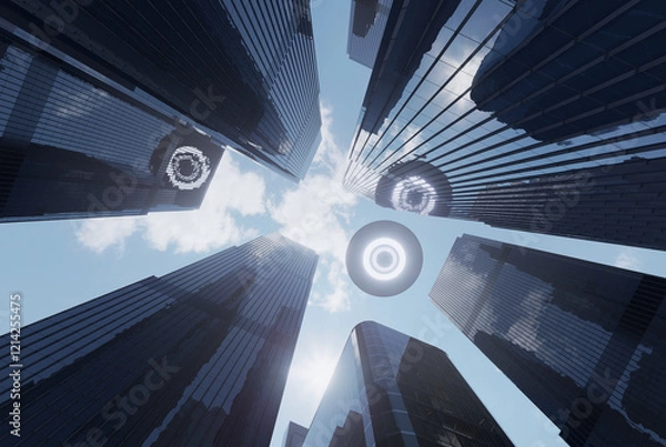 Fototapeta UFO flies in the sky above skyscrapers. 3D rendering