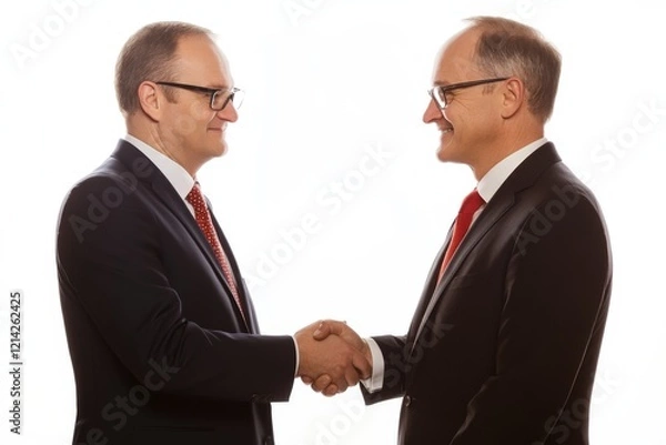 Fototapeta Professionals in suits exchanging a handshake in profile on a white background, representing a business deal