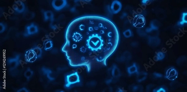 Obraz In this 3D rendering, a hologram of Creative chat GPT with speech bubbles appears on a blurry blue background, illustrating an AI concept