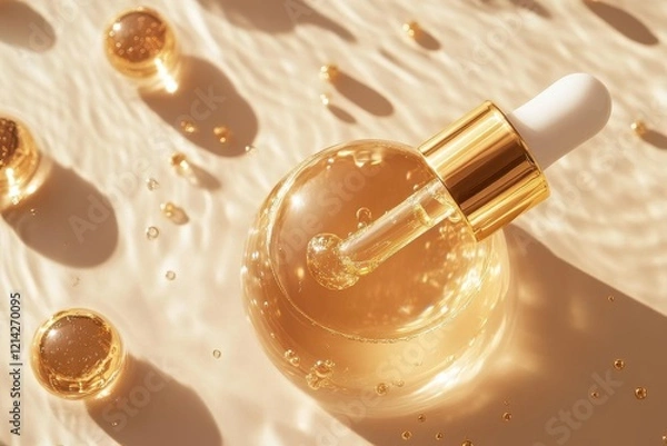 Fototapeta luxurious gold serum droplets suspended in crystal-clear liquid, macro photography capturing light refracting through spherical forms, premium skincare aesthetic