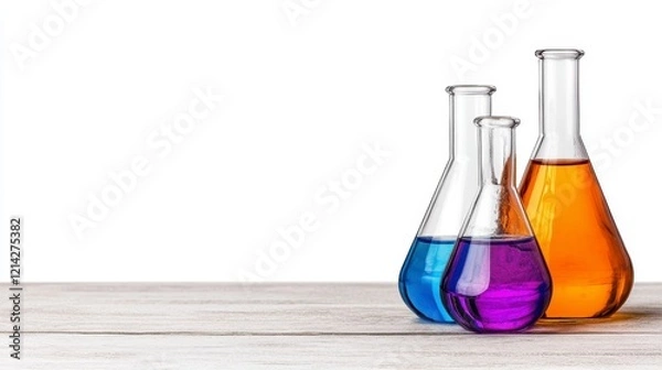 Fototapeta Three glass laboratory flasks filled with colorful liquids in shades of blue, purple, and orange on a rustic wooden table