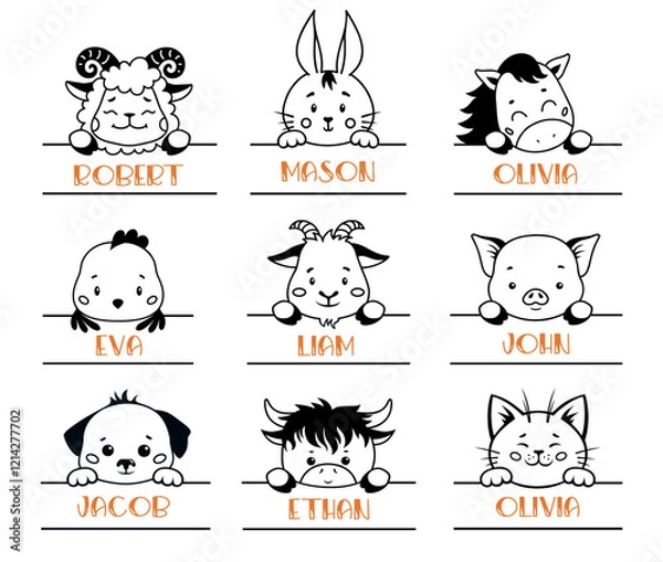 Obraz Set of monograms of baby farm animals. Cute peeking animal faces. Baby name split monogram. Vector monochrome illustration