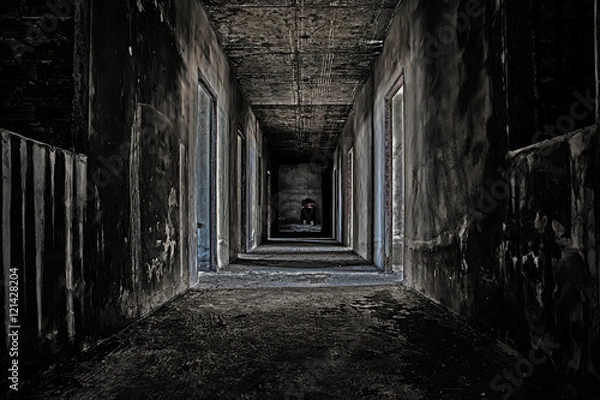 Fototapeta some people sitting in the room at end of scary hallway walkway in abandoned building