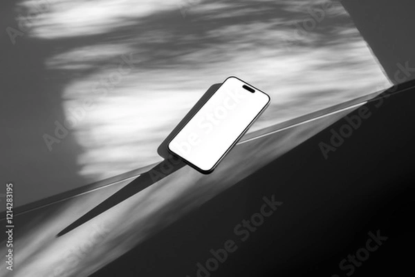 Obraz Blank smartphone mobile device on a white table mockup template in a room with shadows. Isolated blank surface to place your design. 