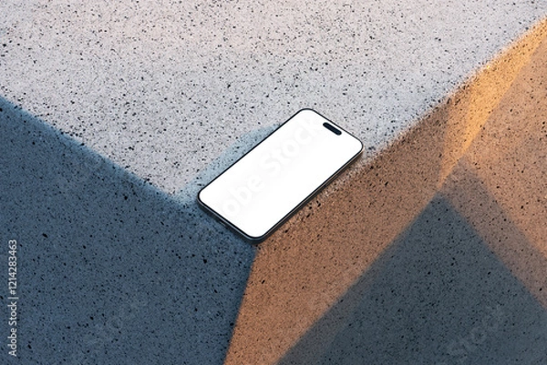 Fototapeta Blank smartphone mobile device on a concrete stone background mockup template in an urban outdoor environment. Isolated blank surface to place your design. 