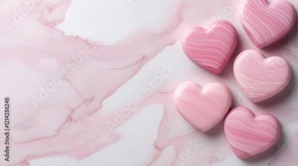 Obraz Pink Swirled Heart Decorations on Marble Background Romantic Valentine s Day Concept
