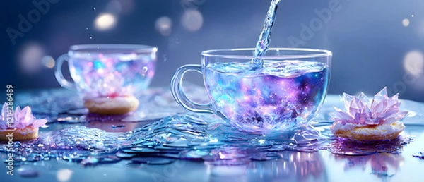 Fototapeta Pouring enchanted water into cosmic cups dreamy setting magical beverage art serene environment close-up view