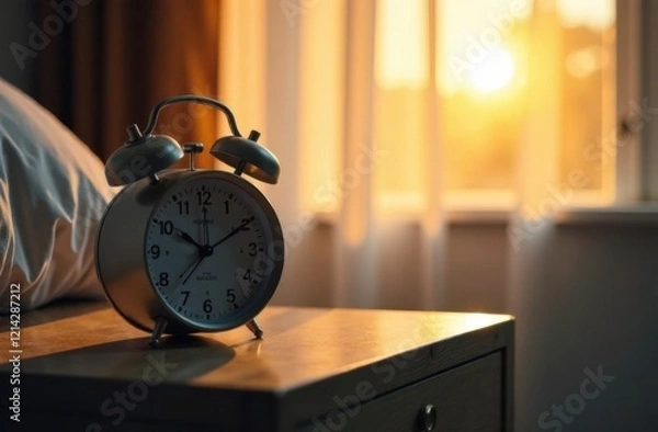 Fototapeta A digital alarm clock on a bedside table, displaying the shift in time as the sunlight peeks through the curtains, signaling the start of longer days. Daylight saving time concept