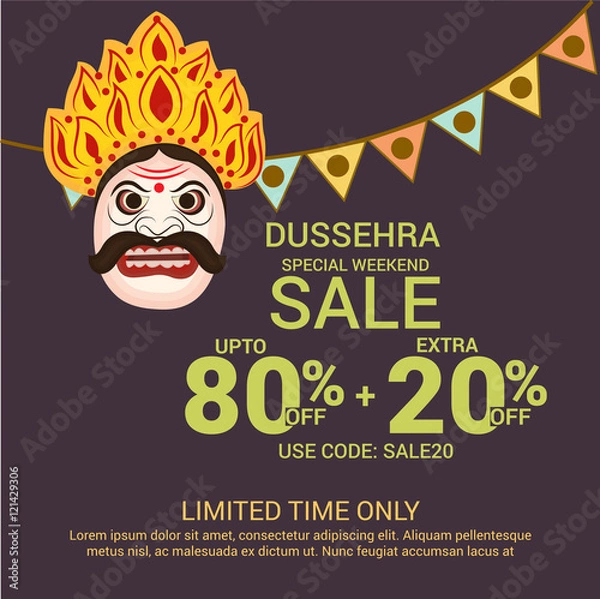 Fototapeta Creative Offer banner or poster of dussehra with Ravana head.