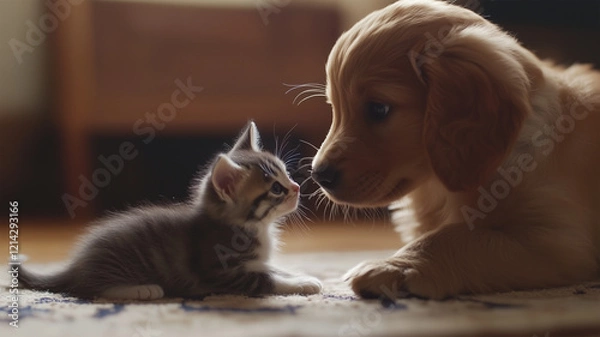 Fototapeta 子犬が子猫の背中に触れながら遊ぶほほえましい瞬間