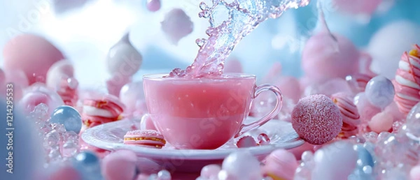 Fototapeta Refreshing pink beverage splash bright pastel setting food photography whimsical environment close-up view delightful concept