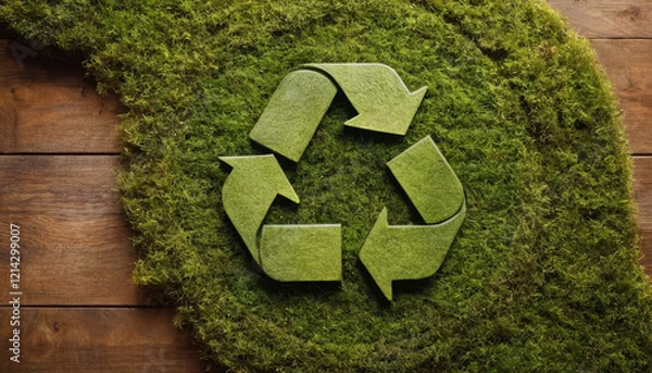 Fototapeta Wooden recycling symbol surrounded by moss and natural light