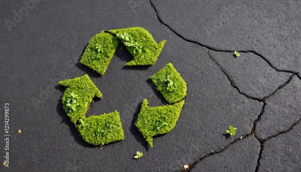 Fototapeta Recycling symbol painted on asphalt with green plants sprouting