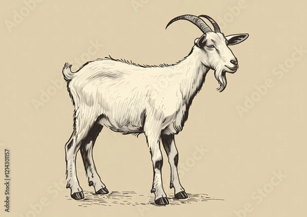 Fototapeta Goat. Vintage retro print, black white goat sketch ink pencil style drawing, engrave old school. Sketch artwork silhouette goat, white background. Side view profile. Illustration