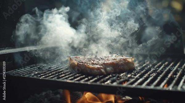 Fototapeta Flaming Steak on a Grill