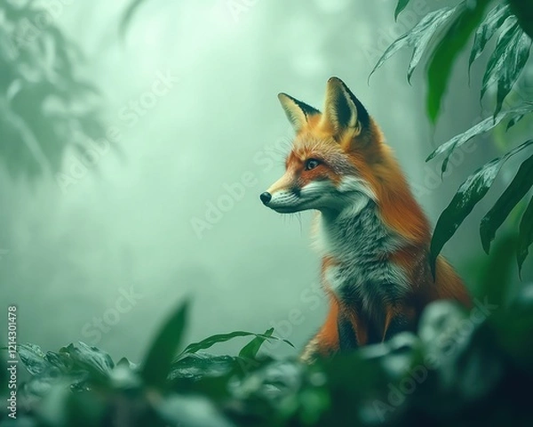 Fototapeta Graceful red fox in lush green forest wildlife photography nature scene
