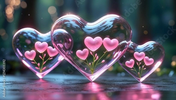 Obraz Beautiful Pink Blooms in Trio of Glass Heart Sculptures.Glossy pink heart shape on a soft Gradient,Symbolizing love and affection in a modern.Very most of the popular art,celevration for valantine day