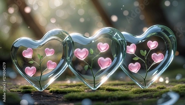 Obraz Beautiful Pink Blooms in Trio of Glass Heart Sculptures.Glossy pink heart shape on a soft Gradient,Symbolizing love and affection in a modern.Very most of the popular art,celevration for valantine day