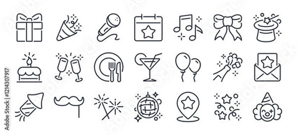Fototapeta Party, celebration and event planning editable stroke outline icons set isolated on white background flat vector illustration. Pixel perfect. 64 x 64.