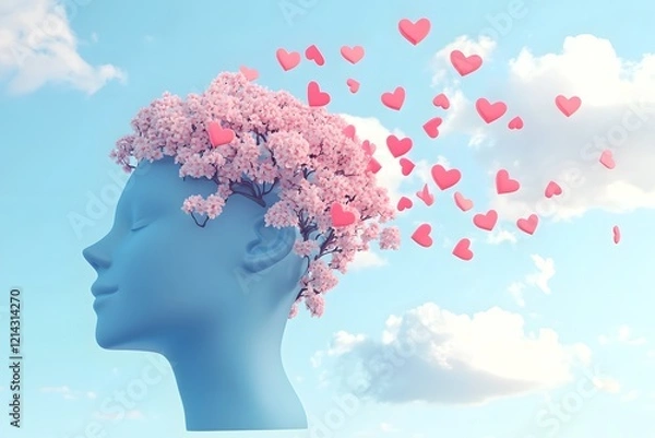 Fototapeta A blue head with pink flowers in the shape of heart is growing out from it, against a sky background, in a cartoon style with simple shapes and flat design