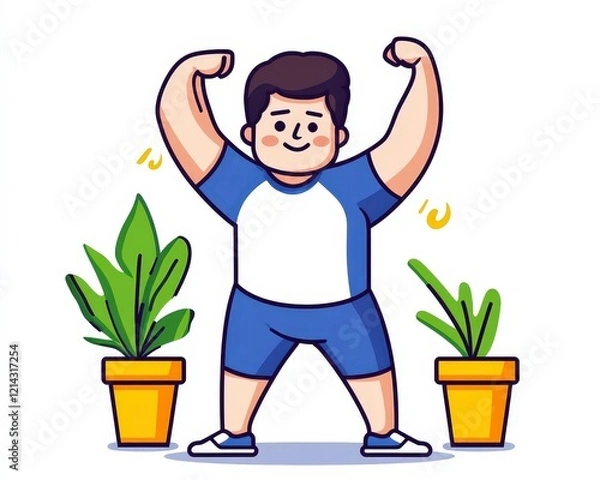 Obraz Happy Young Man Flexing Muscles with Potted Plants in Background