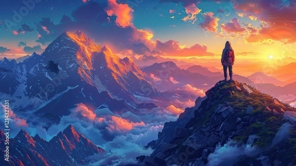 Obraz Flat design captures a digital nomad coding from a mountaintop, surrounded by clouds
