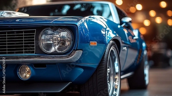 Obraz close-up of an American muscle car, highlighting its bold front grille, polished chrome, and aggressive stance.