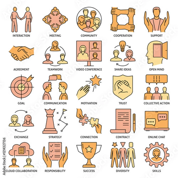 Fototapeta Collaboration icon set in colored line style