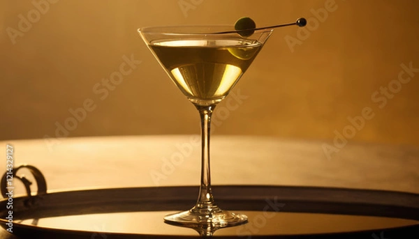 Fototapeta Martini with olive skewer on a silver tray under soft lighting