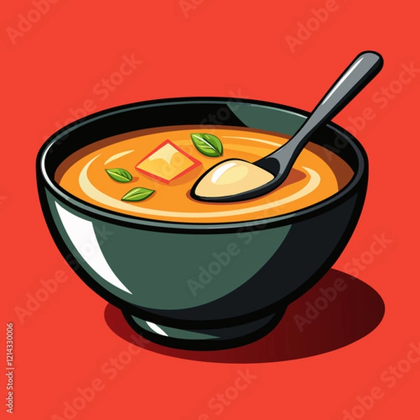 Fototapeta Delicious bowl of soup with spoon on vibrant red background
