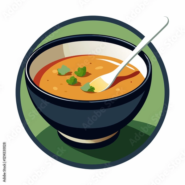 Fototapeta Bowl of soup with a spoon on a green background