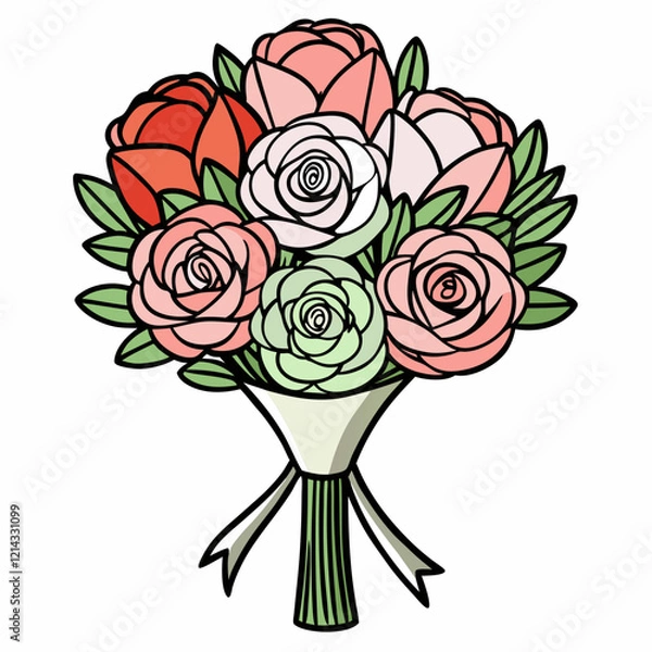 Fototapeta Elegant wedding bouquet design with colorful roses in a simple outline