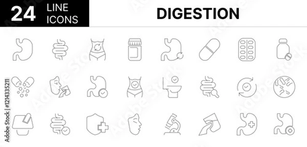 Fototapeta Collection of 24 Digestion line icons featuring editable strokes. These outline icons depict various modes of Digestion, stomach, colon, health, guts, digestive, bowel, line, flora, yogurt, healthy,