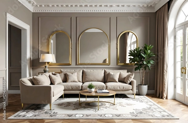 Fototapeta Mocha Mousse Color, Neoclassical Interior, Living Room. Living room in Mocha Mousse color with a neoclassical style. Features a beige sofa and armchair, arched gold mirrors and plant