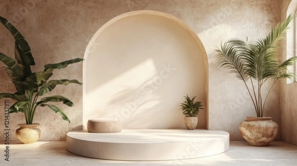 Fototapeta Sunlit Minimalist Product Display Podium with Tropical Plants