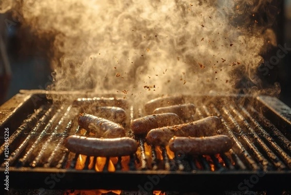 Fototapeta sizzling bratwurst on rustic grill grates, smoke tendrils rising, flames licking beneath, golden hour lighting