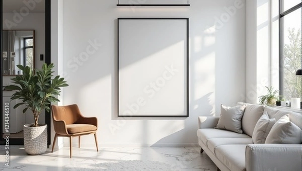 Fototapeta An intimate view captures a centered white poster frame with a sleek black border mounted on a pristine white wall, its subtle shadow adding depth and elegance to the composition