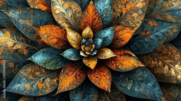 Fototapeta Abstract fractal flower with teal and orange petals.